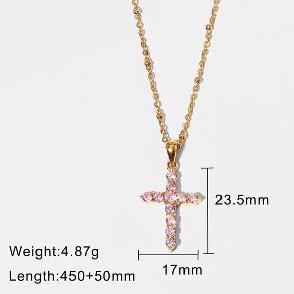 18K Gold Plated Pink Cubic Zirconia Cross Pendant Necklace - Picture 4 of 7